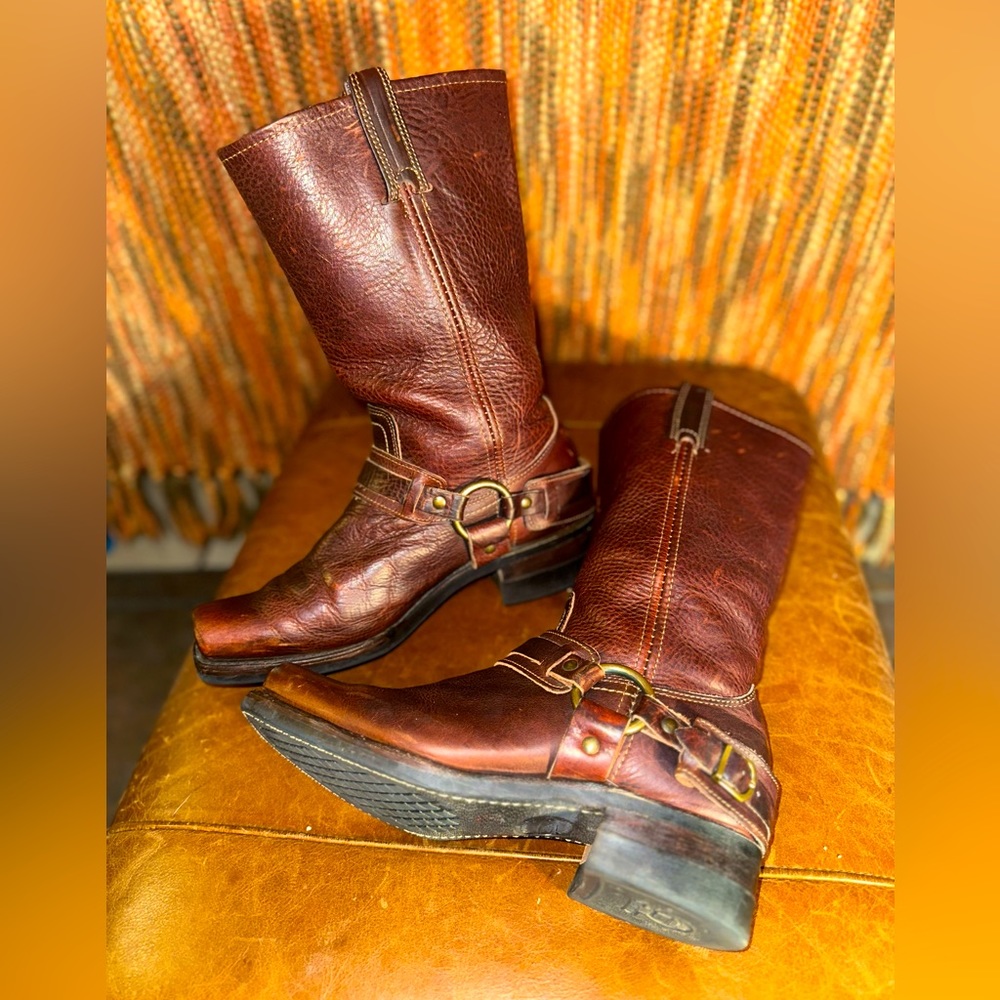 Frye Vintage Harness Cognac Brown Leather Boots 10 Square Toe